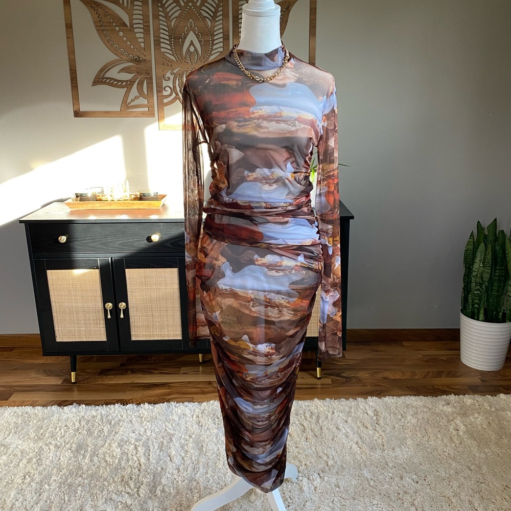 AKIRA Brown & Blue Sheer Long-Sleeve Ruched Midi Dress